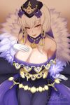  1girl alternate_breast_size breasts cleavage cslucaris dress fire_emblem fire_emblem:_three_houses fire_emblem_heroes fur_trim gloves hair_ornament hat highres large_breasts long_hair lysithea_von_ordelia open_mouth pink_eyes sitting solo watermark web_address white_gloves white_hair 