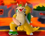  2020 absurd_res accessory anthro balls bowser bracelet cock_ring detailed_background erection front_view genitals hand_behind_head hand_on_leg hand_on_thigh hi_res jewelry koopa koopa_shell lava looking_at_viewer male mario_bros nintendo nude open_mouth penis penis_accessory penis_jewelry prate red_eyes scalie shell signature solo spiked_bracelet spiked_cock_ring spikes turtle_shell video_games 