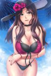  1girl blue_sky breasts brown_hair cleavage cloud day dorothea_arnault earrings fire_emblem fire_emblem:_three_houses fire_emblem_heroes flower green_eyes hat hat_flower highres jewelry kobapyon large_breasts long_hair nail_polish sky solo swimsuit 