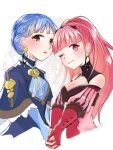  2girls blue_hair braid breasts brown_eyes cleavage closed_mouth crown_braid earrings fire_emblem fire_emblem:_three_houses from_side gloves hilda_valentine_goneril holding_hands jewelry long_hair marianne_von_edmund multiple_girls one_eye_closed open_mouth pink_eyes pink_hair ponytail red_gloves simple_background twitter_username upper_body white_background yutohiroya 