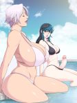  2girls arm_support bangs bikini_day blue_hair blue_sky blush breast_awe breasts cleavage closed_eyes erection futanari hair_between_eyes highres huge_breasts isabella_valentine large_breasts long_hair looking_at_another lunasanguinis mature mole mole_under_eye multiple_girls navel outdoors pale_skin parted_lips partially_submerged penis pool relaxed scar short_hair sideboob sidelocks silver_hair sitting sky soulcalibur soulcalibur_vi swept_bangs tan thick_thighs thighs tira_(soulcalibur) water 