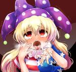  1girl american_flag_dress blonde_hair blush bukkake clownpiece cum cum_in_mouth empty_eyes facial fairy_wings fuurisuto hair_between_eyes hat jester_cap long_hair looking_at_viewer neck_ruff open_mouth polka_dot purple_headwear red_background red_eyes short_sleeves simple_background solo star_(symbol) star_print striped tears tongue tongue_out touhou transparent_wings upper_body uvula wings 