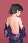  1girl absurdres alternate_costume ariel_(user_kear2553) back black_hair blue_kimono brown_eyes floral_print from_behind highres japanese_clothes kaga_(kantai_collection) kantai_collection kimono long_hair looking_back off_shoulder print_kimono red_background short_sidetail shoulder_blades side_ponytail simple_background solo undressing yukata 