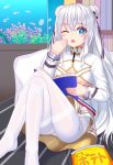  +_+ 1girl ;o air_bubble ass azur_lane bangs bed blue_eyes blush book breasts bubble chips commentary_request crossed_legs double_bun dress eyebrows_visible_through_hair fish fish_tank food glass hair_between_eyes hair_ribbon hand_up holding holding_book knees_up le_malin_(azur_lane) long_hair long_sleeves looking_at_viewer no_shoes on_bed one_eye_closed pantyhose plant potato_chips ribbon sidelocks silver_hair sitting small_breasts solo symbol-shaped_pupils thighband_pantyhose tsukino_neru underboob underboob_cutout very_long_hair water white_dress white_legwear yawning 