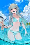  2girls :d absurdres aqua_hair arms_up bangs beach bikini black_bikini blue_sky blunt_bangs blush breasts cleavage cloud cloudy_sky copyright_request day fish grey_hair halterneck highres large_breasts long_hair looking_at_viewer multiple_girls navel ohisashiburi open_mouth outdoors side-tie_bikini sky smile solo_focus standing stomach string_bikini swimsuit untied untied_bikini wading water 