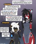  2018 android anthro ara black_body black_fur black_hair blue_eyes breasts clothed clothing comic dialogue domestic_cat duo english_text eyes_closed felid feline felis female fluff-kevlar fur hair hi_res machine mammal open_mouth red_body red_fur robot science_fiction short_stack simple_background text thick_thighs warning_(fluff-kevlar) white_body white_fur white_hair 