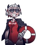  1girl bandages bandana bikini black_horns blush demon_horns demon_tail hair_bun hand_on_hip helltaker horns justice_(helltaker) kiyovero lifebuoy lifeguard lotion one-piece_swimsuit shrug_(clothing) silver_hair smile sunglasses sunscreen swimsuit tail whistle whistle_around_neck 