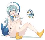 1girl arm_support bangs blush breasts commentary_request dangogo eyebrows_visible_through_hair eyelashes gen_4_pokemon green_nails hair_over_breasts highres hood hood_up knees long_hair looking_at_viewer nail_polish open_mouth orange_legwear personification piplup pokemon shiny shiny_skin sitting socks tail tongue v 