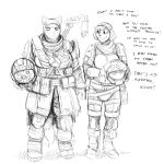  1:1 2020 anthro armor boots canid canine canis clothing domestic_dog duo english_text eye_roll female footwear fox headgear helmet hi_res hladilnik mammal monochrome peggy_patterson samantha_thott text titanfall 