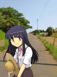  1girl bangs black_hair blue_hair blue_sky bow bowtie furude_rika hat higurashi_no_naku_koro_ni long_hair outdoors pink_bow pink_neckwear pleated_skirt power_lines purple_eyes road shirt short_sleeves skirt sky smile standing straw_hat street suspender_skirt suspenders white_shirt yamane 