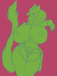  3:4 anthro belt big_breasts breasts chaps clitoral_hood clothed clothing cowboy digital_media_(artwork) female fur genitals hi_res leaning lips looking_at_viewer nipples pussy sergal smile solo thick_lips winteranswer 