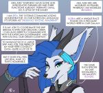  2019 android anthro blue_eyes blue_hair clothed clothing comic cybernetic_attachments cybernetics cyborg dialogue english_text female fluff-kevlar fur hair headshot_portrait horn kleika looking_at_viewer machine mammal open_mouth portrait robot science_fiction simple_background smile solo text white_body white_fur zeta_(fluff-kevlar) 