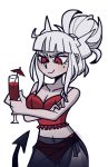  1girl bikini cocktail_umbrella crossed_arms cup demon_horns demon_tail drinking_glass frilled_bikini frills hair_bun helltaker horns kiyovero light_smile looking_down lucifer_(helltaker) messy_hair red_eyes sarong silver_hair swimsuit tail translucent_sarong white_horns 