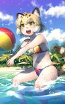  1girl :d animal_ear_fluff animal_ears ball bare_arms bare_shoulders beach beachball bikini blonde_hair blue_sky breasts cloud commentary_request day extra_ears eyebrows_visible_through_hair fang gradient_hair highres jaguar_(kemono_friends) jaguar_ears jaguar_tail kemono_friends medium_breasts multicolored multicolored_bikini multicolored_clothes multicolored_hair navel open_mouth outdoors short_hair signature sky smile solo swimsuit tail volleyball wading water welt_(kinsei_koutenkyoku) white_hair yellow_eyes 
