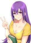  1girl blush book breasts closed_eyes gj-bu highres holding holding_book kauru00 lips long_hair looking_at_viewer medium_breasts purple_eyes purple_hair simple_background smile solo sumeragi_shion upper_body v white_background 