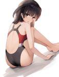  1girl agatsuma_kaede alice_gear_aegis ass bangs barefoot black_eyes black_hair black_swimsuit blunt_bangs breasts commentary_request competition_swimsuit from_behind head_tilt highres long_hair looking_at_viewer medium_breasts one-piece_swimsuit simple_background sitting solo sunga2usagi swimsuit white_background 