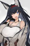  1girl ;d animal_ear_fluff animal_ears arknights black_gloves black_hair blaze_(arknights) blue_eyes blush breasts cat_ears commentary covered_nipples eyebrows_visible_through_hair fang gloves grey_background hair_between_eyes hairband hand_in_hair highres jacket large_breasts long_hair looking_at_viewer mikojin off_shoulder one_eye_closed open_clothes open_jacket open_mouth simple_background skin_fang smile solo sweat tank_top upper_body white_jacket white_tank_top 