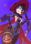  ass blue_hat blue_leotard bodystocking earrings genshin_impact hat hat_ornament highres jewelry kamuraaa_615 leotard looking_at_viewer mona_(genshin_impact) pantyhose purple_hat purple_leotard sparkle_print star_(symbol) star_earrings thighlet twintails witch_hat 