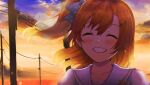  1girl backlighting bow closed_eyes cloud collarbone commentary_request facing_viewer floating_hair grin hair_bow happy highres kosaka_honoka light_blush love_live! love_live!_school_idol_project medium_hair omaru_(star-puratina-jojo-0419) one_side_up orange_hair outdoors polka_dot polka_dot_bow portrait power_lines sailor_collar school_uniform serafuku ship&#039;s_wheel_ornament shirt smile solo sunset utility_pole white_sailor_collar white_shirt wind 