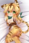  2019 anthro bed blush bodily_fluids bottomless breasts brown_body brown_fur clothed clothing felid female fur furniture green_eyes hi_res lying mammal mia_(world_flipper) nipples on_side open_mouth orange_body orange_fur pantherine scarf solo sunapua tears tiger white_body white_fur world_flipper 