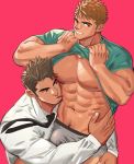  2boys abs bara blush body_hair boxer_briefs brown_eyes brown_hair bulge chest facial_hair licking male_focus manly multiple_boys muscle necktie nipples original pectorals shirt_pull short_hair smile thick_eyebrows tongue tongue_out undressing_another upper_body yaoi youchi123 