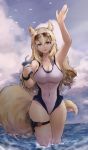  1girl :d absurdres animal_ears arknights arm_up armpits bare_arms bare_shoulders blonde_hair blue_sky breasts brown_eyes cleavage cloud commentary covered_navel cowboy_shot cup drinking_straw eyewear_on_head groin hand_up highres holding holding_cup large_tail long_hair looking_at_viewer medium_breasts nearl_(arknights) open_mouth outdoors skindentation sky smile solo standing sunglasses tail thigh_strap thighs vyragami wading water 