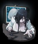  1girl black_background black_eyes black_hair black_nails breasts cleavage collarbone commentary crt dress hair_over_one_eye highres large_breasts long_hair looking_at_viewer parted_lips solo the_ring through_medium through_screen vizaz white_dress yamamura_sadako 