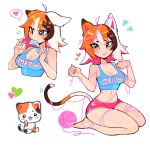  1girl ahoge animal_ears barefoot breasts brown_hair calico_(pattern) calico_cat cat cat_ears cat_girl cat_tail cleavage colored_inner_hair crop_top english_commentary fingernails fish_in_mouth fizzeru green_eyes hair_ornament hairclip heart highres long_fingernails long_hair looking_at_viewer medium_breasts micro_shorts midriff multicolored_hair multiple_views navel orange_hair original paw_pose pink_hair seiza short_shorts shorts sitting skin_tight smile tail tank_top white_hair yarn yarn_ball 