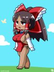  1girl agucala_(cookie) black_hair blue_necktie blue_sky blush bow breasts brown_eyes brown_hair bug butterfly cloud commentary_request cookie_(touhou) dark-skinned_female dark_skin dated day dress elbow_gloves frilled_bow frilled_hair_tubes frills full_body gloves hair_bow hair_tubes hakurei_reimu highres itini-sanshi large_breasts long_hair necktie open_mouth outdoors red_bow red_dress sideboob sideless_dress sidelocks sky solo standing touhou walking white_gloves yellow_butterfly 