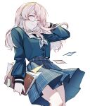  1girl absurdres arm_behind_head bang_dream! bang_dream!_it's_mygo!!!!! blue_eyes blue_serafuku blue_shirt blue_skirt book chinese_commentary commentary cowboy_shot floating_hair flying_paper glasses grey_neckerchief hairband hero45439083942 highres holding holding_book long_hair nagasaki_anna neckerchief paper pink_hair pleated_skirt sailor_collar school_uniform serafuku shirt sidelocks skirt tsukinomori_school_uniform white_background yellow_hairband 