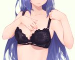  1girl adjusting_bra adjusting_clothes bare_arms bare_shoulders black_bra bra breasts cleavage closed_mouth collarbone head_out_of_frame highres lace lace-trimmed_bra long_hair medium_breasts princess_connect! princess_connect!_re:dive purple_hair rei_(princess_connect!) simple_background smile solo underwear underwear_only upper_body very_long_hair waterring white_background 
