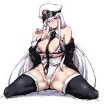  1girl areola_slip areolae azur_lane bangs bare_shoulders bed_sheet between_breasts black_legwear black_neckwear blush breasts commentary covered_navel covered_nipples enterprise_(azur_lane) gggg hair_between_eyes hat head_tilt highres kneeling large_breasts long_hair looking_at_viewer necktie open_clothes open_shirt parted_lips peaked_cap purple_eyes shiny shiny_skin shirt sidelocks silver_hair simple_background sitting sleeveless sleeveless_shirt smile solo spread_legs thick_thighs thighhighs thighs very_long_hair white_background 
