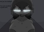 black_body black_hair blue_eyes breasts female front_view glowing glowing_eyes goo_creature hair humanoid melting nadeldrawings not_furry simple_background solo text tongue tongue_out