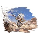  1girl animal_ears arknights black_skirt coat grey_eyes grey_hair hadiya_(arknights) highres holding holding_weapon horns long_hair matsuo_shogo multicolored_hair official_art open_clothes open_coat pencil_skirt sheep_girl sheep_horns simple_background skirt tail two-tone_hair weapon 