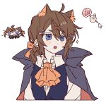 1boy :o ahoge alternate_costume androgynous animal_ear_fluff animal_ears ascot black_cape blue_eyes blue_vest bow brown_hair cape cat_ears chibi cropped_torso drill_hair drill_ponytail edgar_valden fang hair_bow hair_ornament hairpin halloween highres identity_v looking_ahead male_focus multiple_hairpins orange_ascot orange_bow portrait shirt short_eyebrows sidelocks solo striped_blush trap u0el_t vest white_background white_shirt 