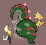 2025 alligator alligatorid anthro behind_another big_butt bodily_fluids butt clothing crocodilian digital_drawing_(artwork) digital_media_(artwork) domestic_ferret dracozolt dragonfeatherss duo eyes_closed fossil_pokemon generation_8_pokemon green_body green_tail hi_res hybrid looking_at_butt mammal mustelid musteline nintendo pokemon pokemon_(species) raised_tail reptile scalie shirt side_view size_difference smile sweat sweatdrop sweaty_butt tail thick_tail thick_thighs topwear true_musteline weasel yellow_clothing yellow_shirt yellow_topwear zay_(dragonfeatherss)