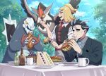  2boys batabiru baxcalibur black_hair black_jacket black_sweater_vest blonde_hair blue_necktie blue_sky bottle chewing claws cup eating food fruit grapes grey_shirt hassel_(pokemon) holding holding_food jacket larry_(pokemon) male_focus mug multiple_boys necktie open_mouth outdoors plate pokemon pokemon_(creature) pokemon_sv red_necktie sandwich shirt sky staraptor sweater_vest thick_eyebrows white_shirt 