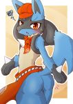  acky05 ambiguous_gender anthro black_body black_fur blue_body blue_fur blush butt clothing fur hat headgear headwear hi_res looking_at_viewer looking_back lucario nintendo open_mouth pok&eacute;mon pok&eacute;mon_(species) pokemon_cafe_mix rear_view red_eyes solo standing video_games 
