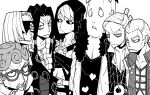  6+boys black_hair black_sclera choker clenched_teeth colored_sclera commentary_request curly_hair dowman_sayman eye_mask formaggio fur-trimmed_collar fur_trim ghiaccio glasses greyscale heart highres hood hood_up illuso jewelry jojo_no_kimyou_na_bouken long_hair looking_at_viewer male_focus mask melone monochrome multiple_boys necklace pesci ponytail prosciutto_(jojo) risotto_nero shirt short_hair short_ponytail simple_background teeth upper_body vento_aureo very_short_hair white_background white_shirt 