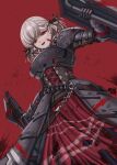  1girl absurdres armor axe blood blood_on_clothes blood_on_face caiman_pool girls&#039;_frontline grey_hair gun hair_ribbon highres holding long_hair looking_at_viewer official_alternate_costume plate_armor pump_action red_background red_eyes ribbon shield shotgun shotgun_shell solo spas-12 spas-12_(girls&#039;_frontline) spas-12_(goblin_huntress)_(girls&#039;_frontline) twintails weapon 