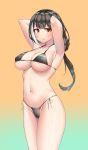  1girl armpits arms_up bangs bare_arms bikini black_bikini black_hair blush breasts brown_background cleavage collarbone commentary cowboy_shot deaver dot_nose girls_frontline gloves gradient gradient_background hands_in_hair heterochromia highres large_breasts long_hair looking_at_viewer multicolored_hair multiple_girls navel ponytail red_eyes ro635_(girls_frontline) side-tie_bikini solo standing stomach streaked_hair striped striped_bikini swimsuit thighs two-tone_hair wavy_mouth white_hair yellow_eyes 