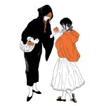  2girls apple basket black_choker black_hair black_robe braid chainsaw_man choker cloak cosplay dress food fruit hair_bun highres holding holding_basket holding_food holding_fruit hood hood_up hooded_cloak hooded_robe long_hair makima_(chainsaw_man) medium_hair multiple_girls pizza202020 red_cloak red_hair reze_(chainsaw_man) robe snow_white&#039;s_queen_(fairy_tale_character) snow_white&#039;s_queen_(fairy_tale_character)_(cosplay) snow_white_(fairy_tale) snow_white_(fairy_tale_character) snow_white_(fairy_tale_character)_(cosplay) standing white_background white_dress yellow_eyes 