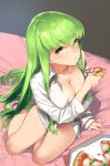  1girl 92m bed bed_sheet bottomless breasts c.c. cleavage code_geass collarbone eyebrows_visible_through_hair food green_hair highres holding holding_food holding_pizza long_hair looking_at_viewer no_bra pizza pizza_box pizza_slice shirt sidelocks sitting solo white_shirt yellow_eyes yokozuwari 