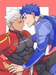  2boys archer blue_hair chest couple cu_chulainn_(fate)_(all) dark_skin dark_skinned_male earrings emya eye_contact fate/grand_order fate/stay_night fate_(series) grey_eyes hand_on_another&#039;s_arm head_to_head jewelry lancer looking_at_another male_focus multiple_boys muscle red_eyes short_hair simple_background white_hair yaoi 