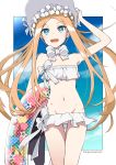  1girl :d abigail_williams_(fate/grand_order) abigail_williams_(swimsuit_foreigner)_(fate) arm_up bangs bare_arms bare_shoulders bikini blonde_hair blue_eyes bonnet bow braid collarbone commentary_request day eyebrows_visible_through_hair fate/grand_order fate_(series) groin hair_bow heart highres innertube long_hair navel open_mouth panikuru_yuuto parted_bangs polka_dot smile solo strapless strapless_bikini striped striped_bikini swimsuit twintails twitter_username very_long_hair white_bikini white_bow white_headwear 