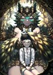  1boy 1girl absurdres age_difference bandages breasts child commentary darros feathered_wings harpy highres indoors large_breasts male_focus monster_girl nervous nest original shorts sitting sitting_on_lap sitting_on_person textless trapped wings 