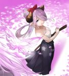  1girl 1other absurdres bandages blue_eyes bokken bow bug butterfly character_request eyebrows_visible_through_hair eyes_visible_through_hair floral_print granblue_fantasy hair_bow hair_ornament hair_over_one_eye highres holding holding_sword holding_weapon horns insect japanese_clothes lavender_hair long_hair narmaya_(granblue_fantasy) nos petals pink_butterfly pink_hair pink_theme pointy_ears ponytail red_bow sarashi shadow sword weapon wooden_sword 