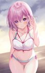  1girl bangs bare_shoulders bikini blush breasts cleavage collarbone fate/grand_order fate_(series) hair_over_one_eye harimoji large_breasts lavender_hair looking_at_viewer mash_kyrielight navel purple_eyes rainbow_bikini sheer_clothes short_hair smile striped striped_bikini swimsuit swimsuit_of_perpetual_summer_ver.02 