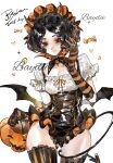  1girl basket bat_wings baydee black_corset black_eyes black_hair chinese_commentary corset cross-laced_clothes cross-laced_corset curly_hair demon_horns demon_tail detached_collar doodled_object elbow_gloves frilled_headwear frilled_leotard frilled_shirt frilled_sleeves frills gloves halloween headdress highres holding holding_basket horns identity_v leotard looking_down margaretha_zelle middle_part parted_bangs procreate_(medium) puffy_short_sleeves puffy_sleeves shirt short_hair short_sleeves smile solo striped_clothes striped_gloves tail thighhighs thighs white_background white_shirt wings 