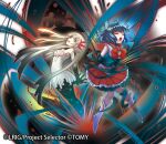  2girls ahoge blue_hair boots bound closed_eyes copyright_notice dress frilled_skirt frills grey_hair hair_ornament hairpin long_hair looking_at_viewer multiple_girls nanashi_(wixoss) nekobayashi official_art open_mouth piruluk red_sailor_collar red_skirt sailor_collar short_hair sidelocks skirt tied_up_(nonsexual) very_long_hair white_boots white_dress wixoss 